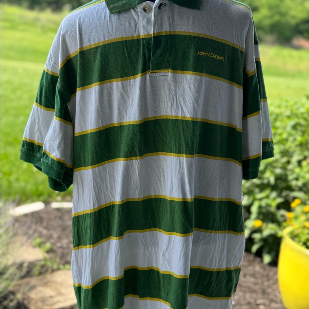 John Deere Green, White, and Yellow Striped Polo
